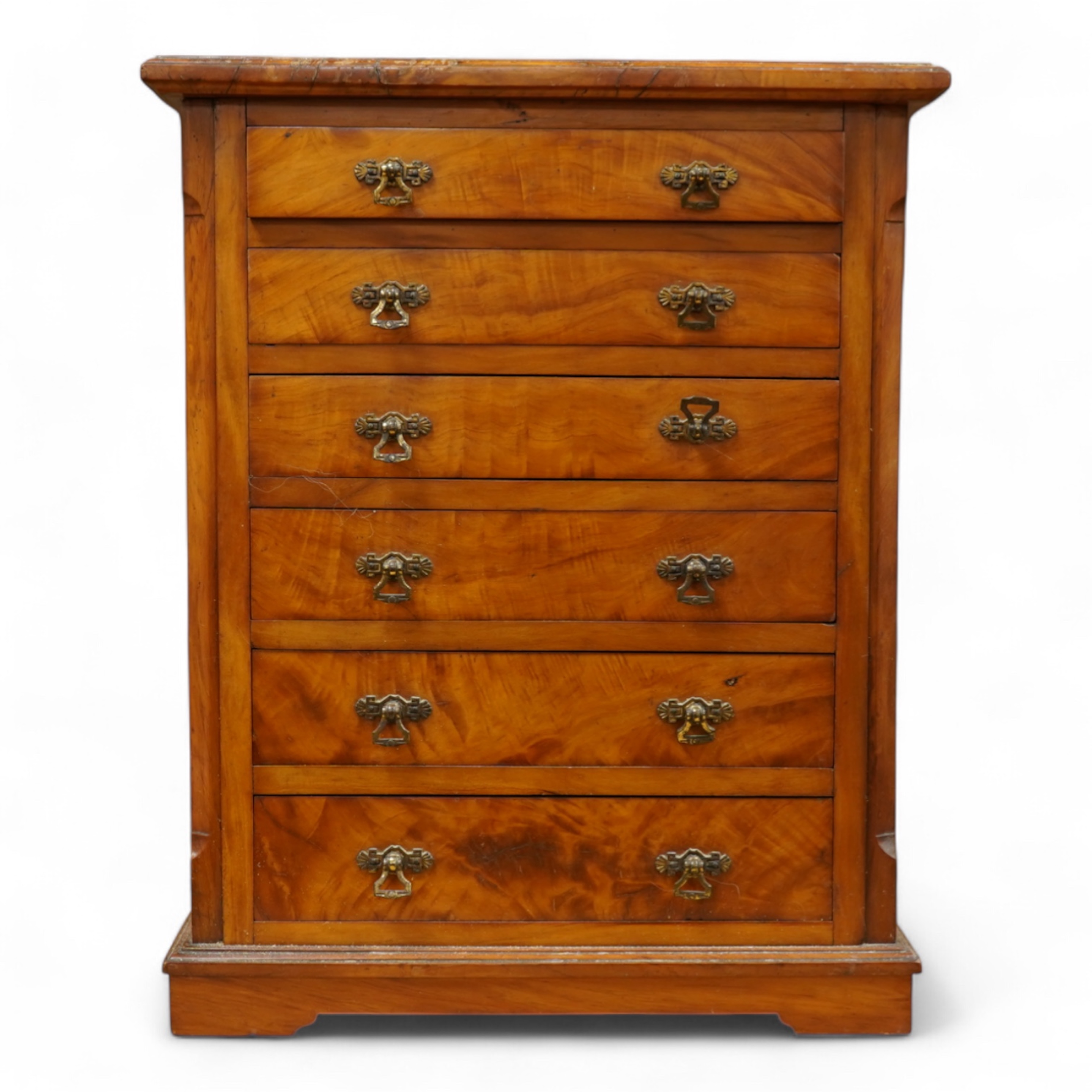 A late 19th century satin birch six drawer miniature chest of drawers, 33cm wide x 42cm high